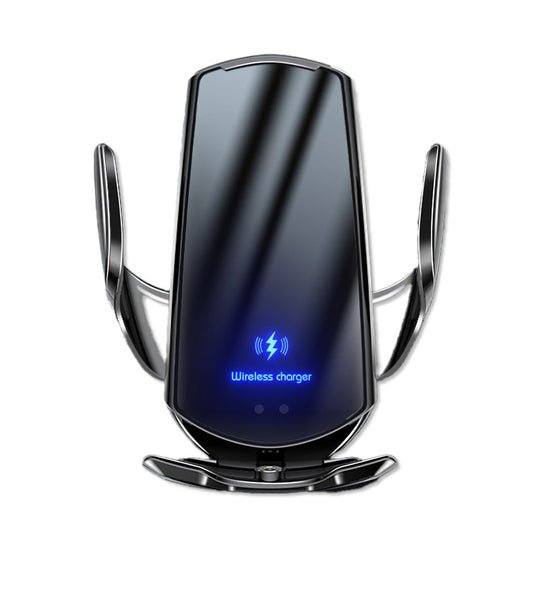 Wireless charger with blue LED indicator on a white background