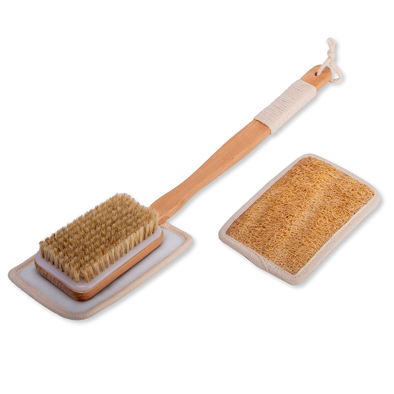 Fabufabu 3pcs/Set - Replaceable 1 Long Wooden Handle natural loofah bristle shower brush with 2  Exfoliating Body Pad - starcopia design store