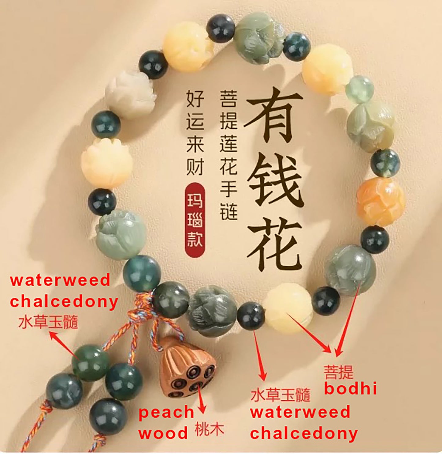 Fabufabu Handmade Water Grass Agate Lotus Style Bodhi Bracelet