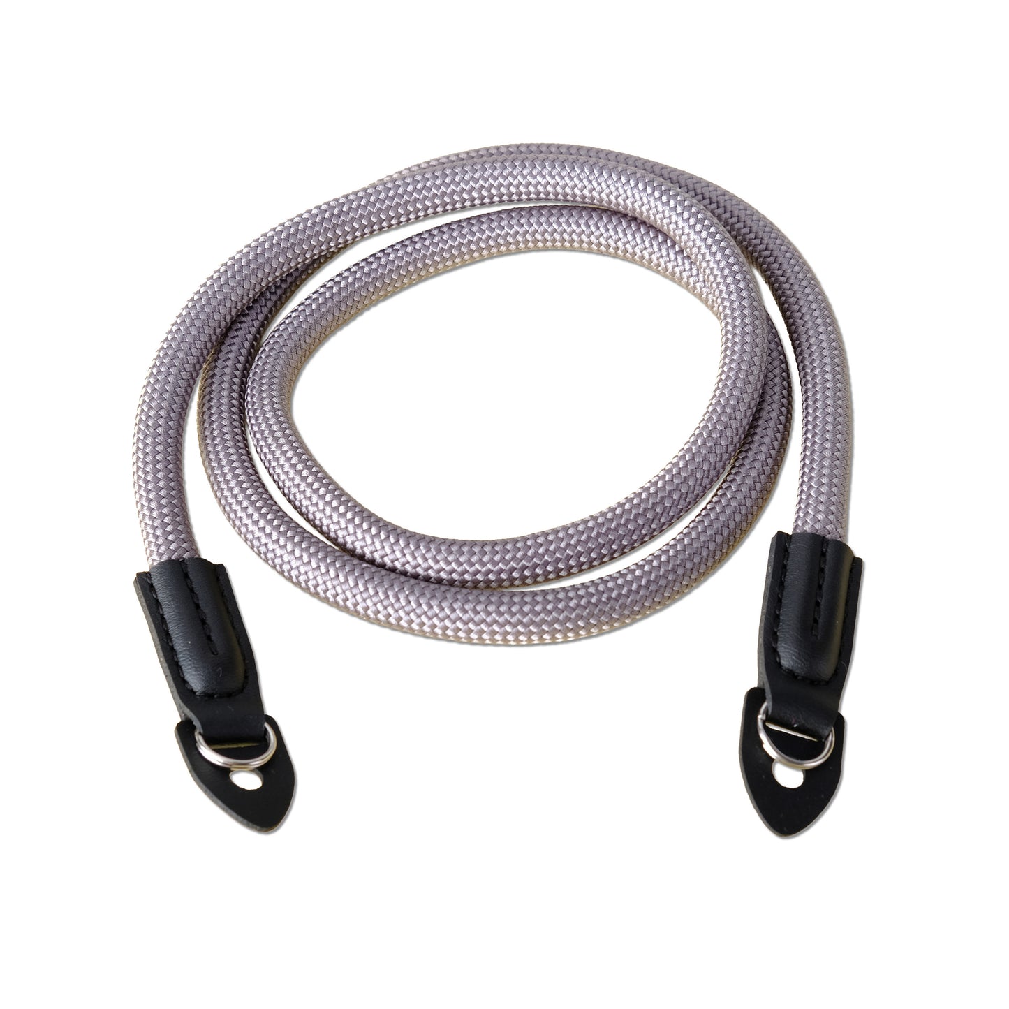 Coiled rope with black clip ends on a white background