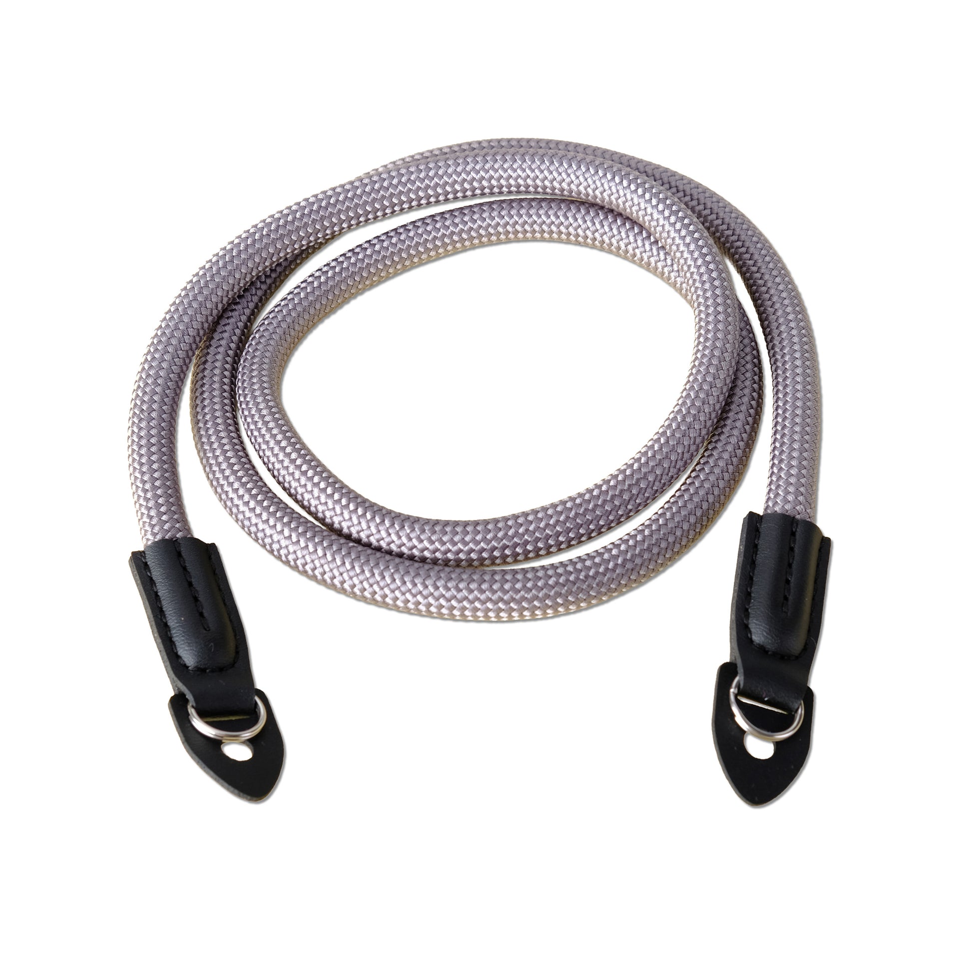 Coiled rope with black clip ends on a white background