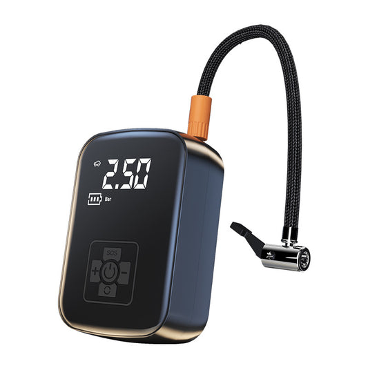 Digital air pump with digital display and hose on a white background