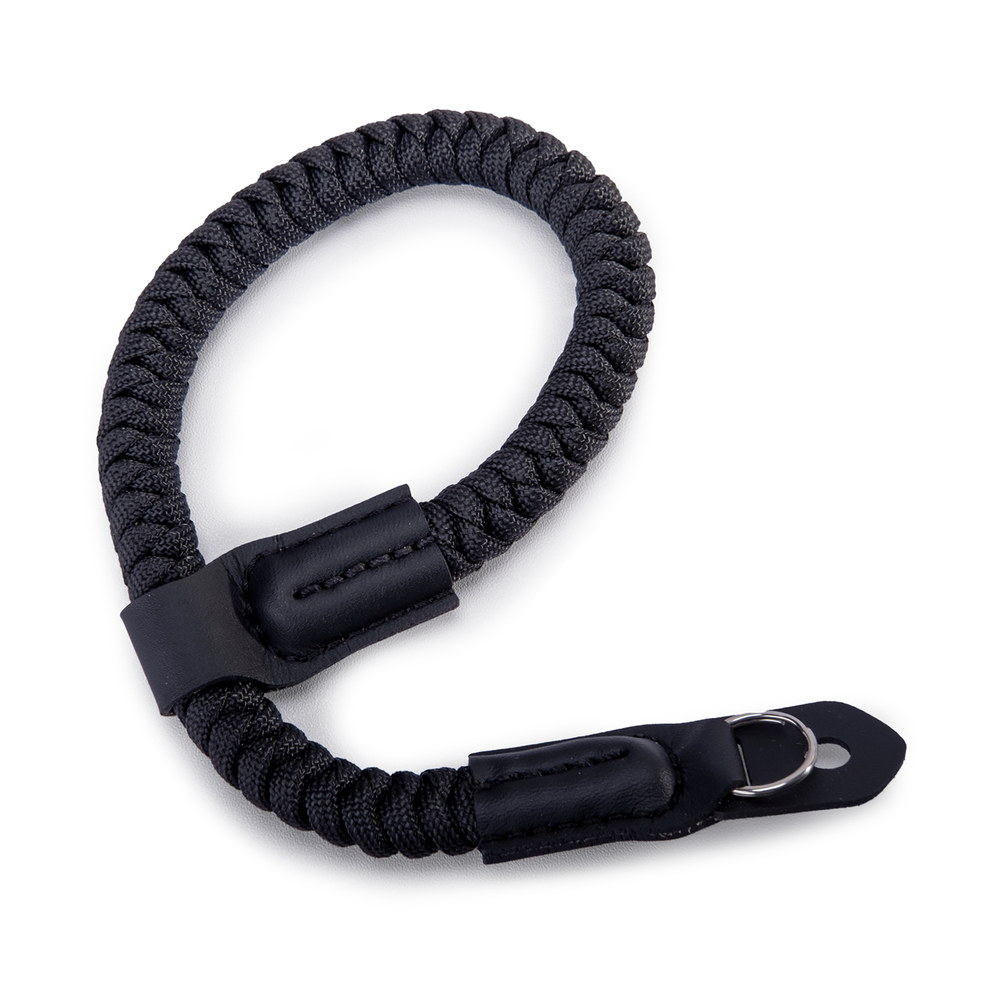 Black braided wrist strap with a metal buckle on a white background