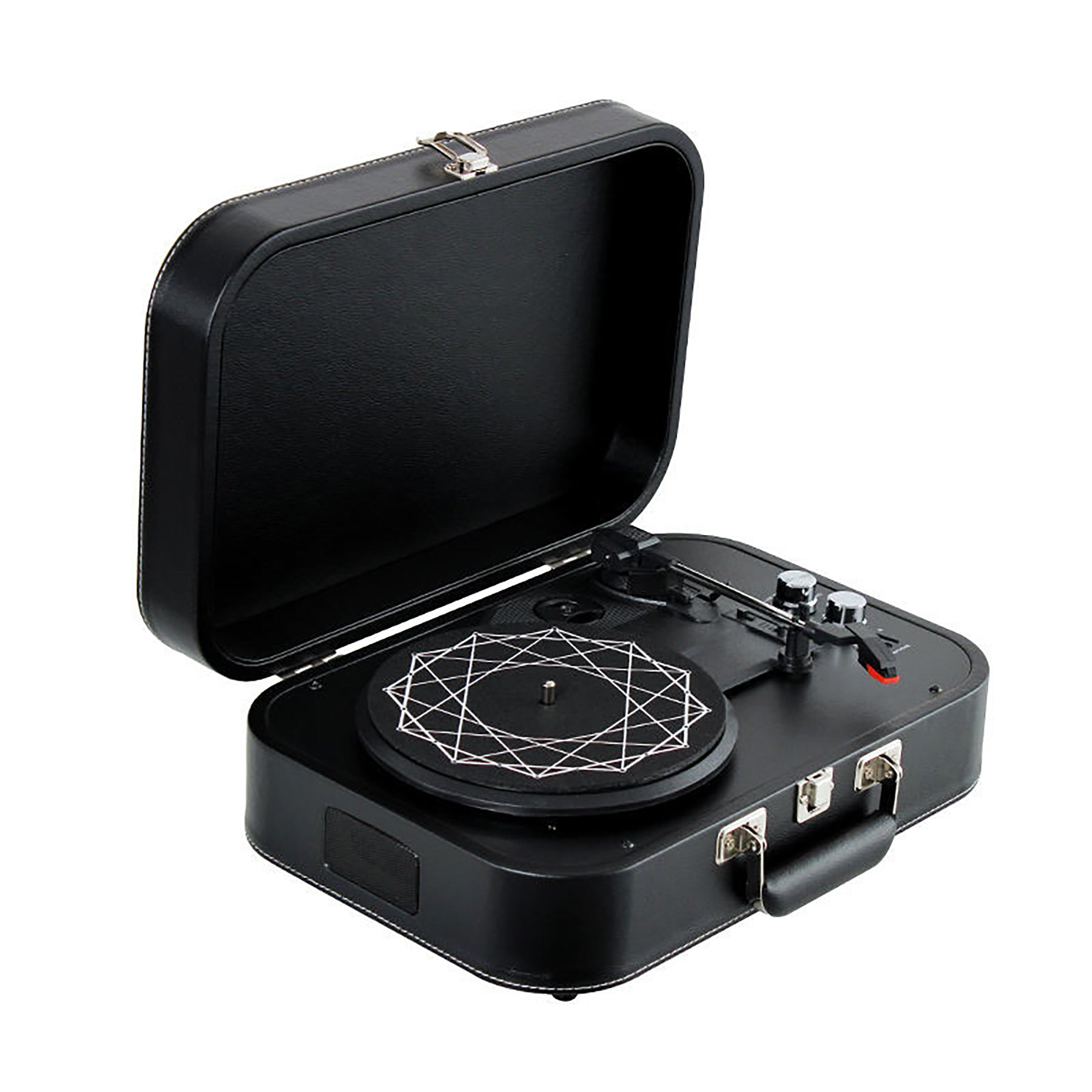 Black portable turntable with open lid on a white background