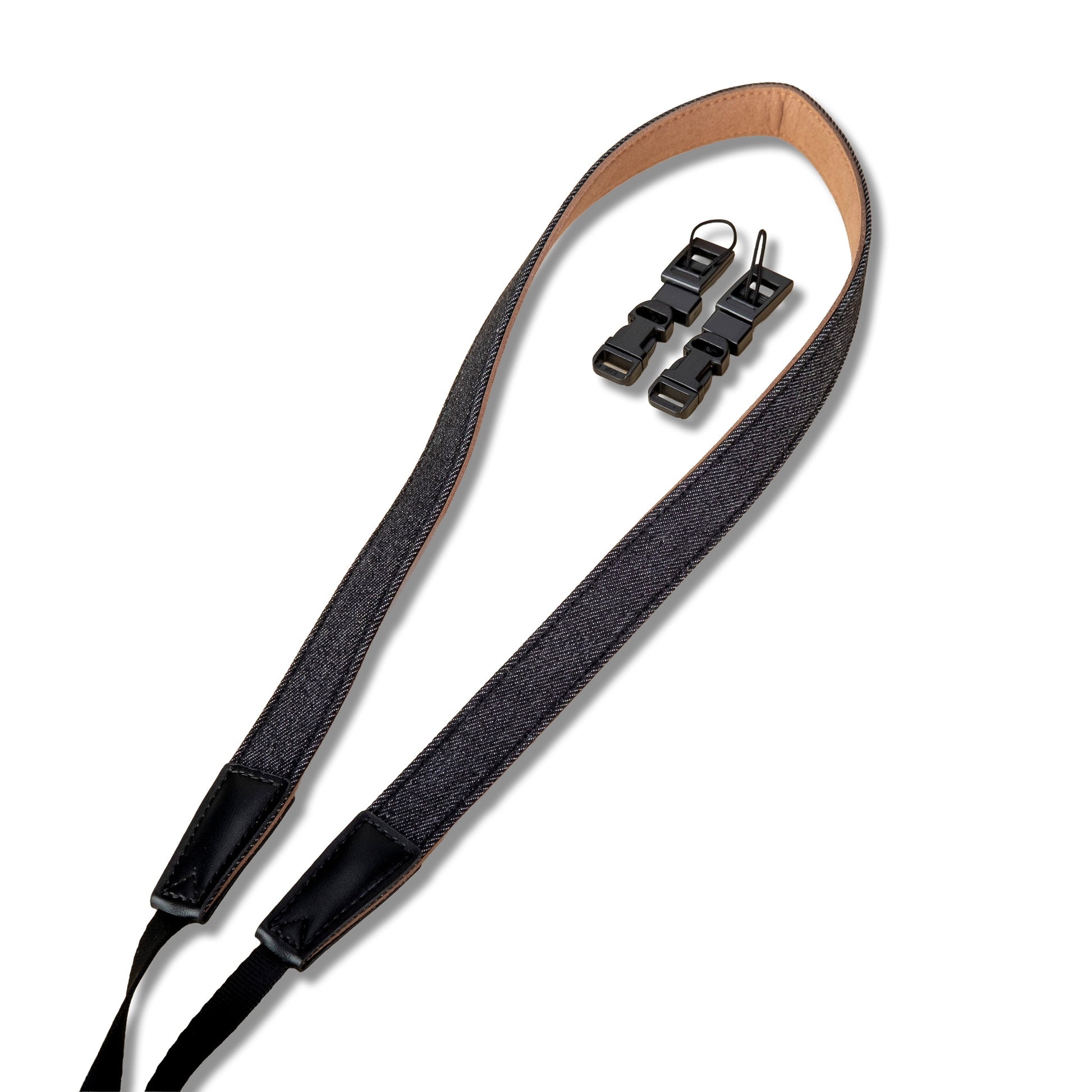 Camera strap with quick-release clasp on a white background