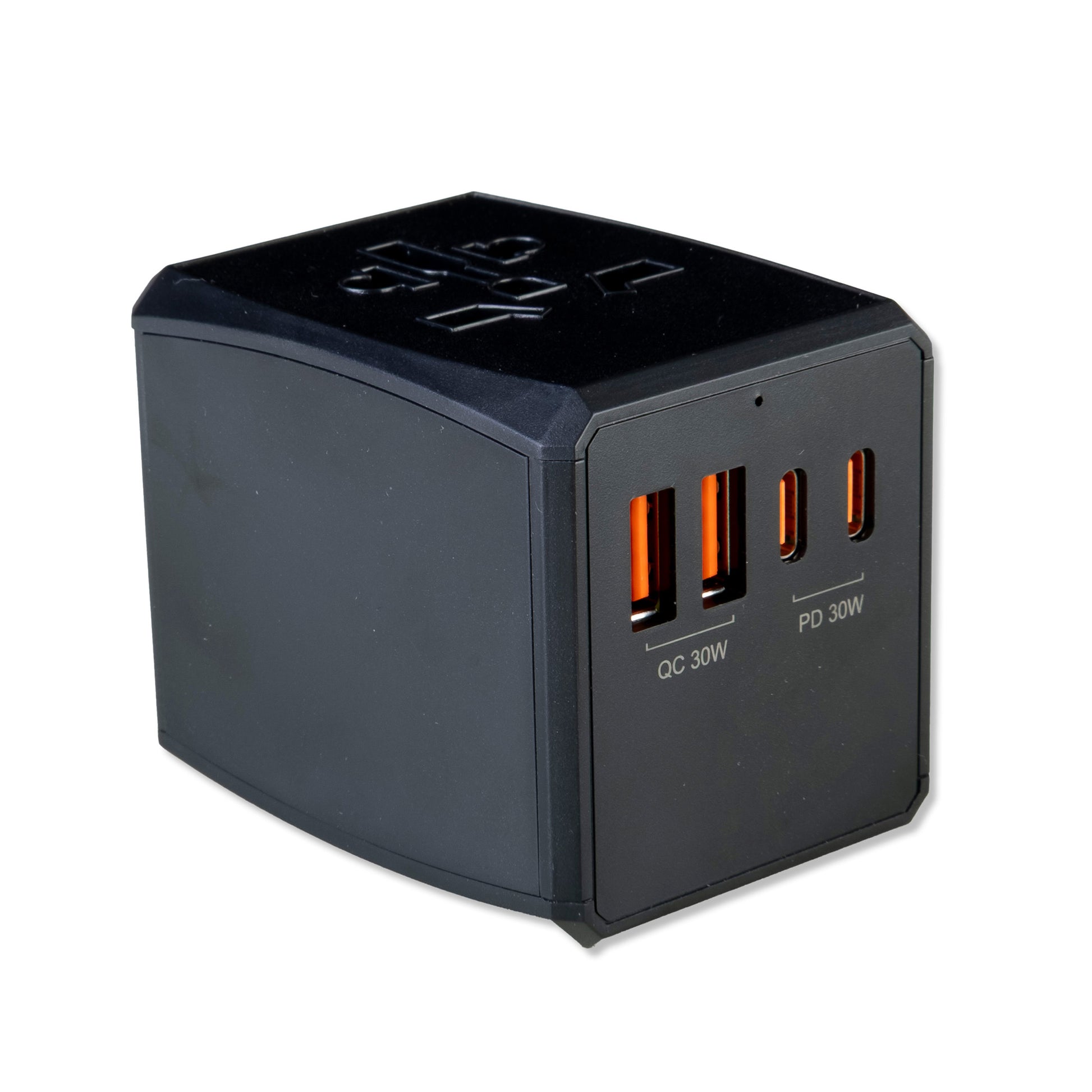 Black multi-port charging adapter with USB-C ports on a white background